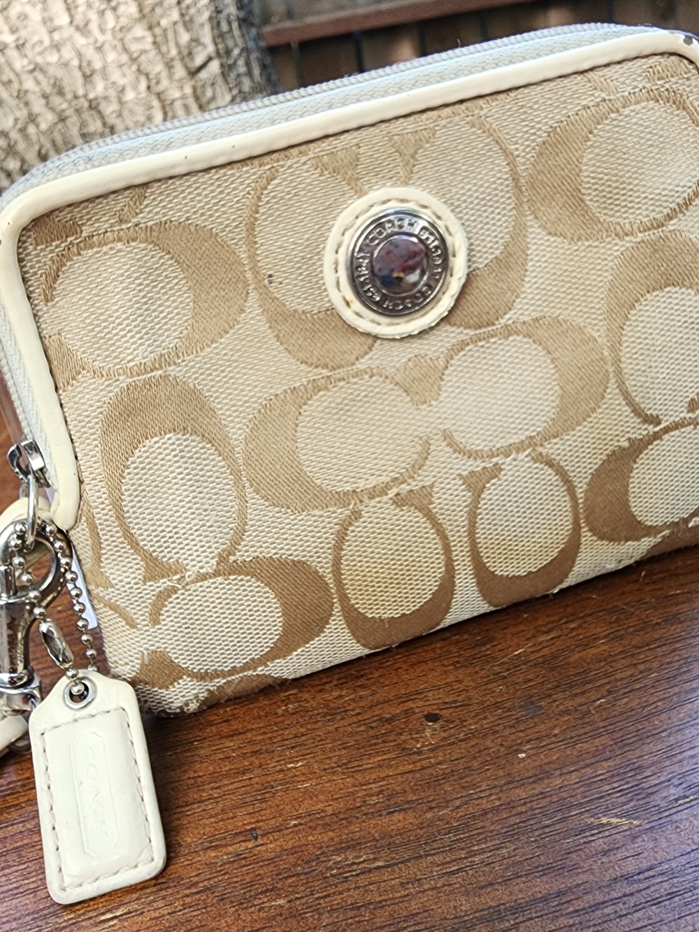COACH Signature Canvas Small Zip Around Wristlet Wallet Beige Cream